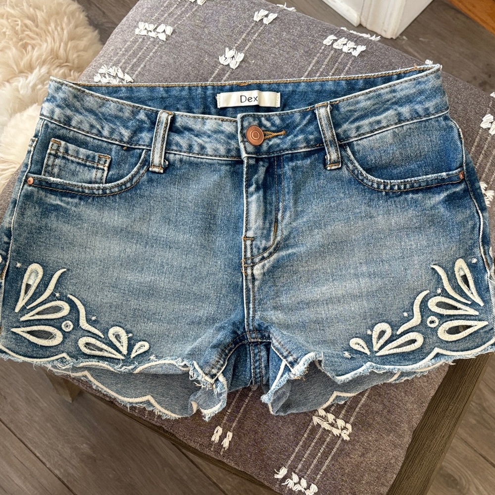 Dex Light Blue Denim Shorts with White Embroidered Scallop Hem